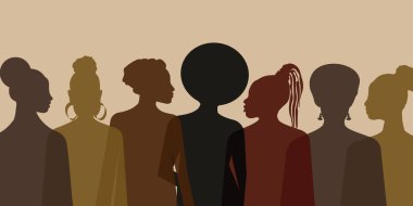 Celebrating Black History Month. Silhouettes of women from different countries and religions stand for equality and freedoms. 