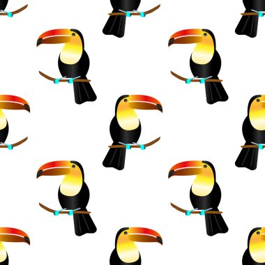 Toucans on a white background. Seamless pattern with tropical birds for textile. 