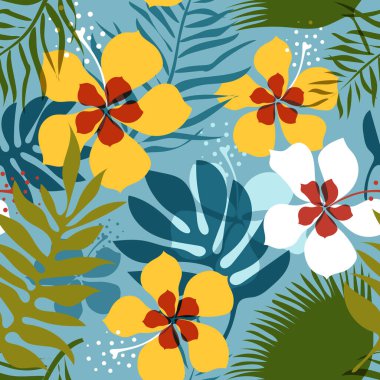 Floral seamless pattern. Modern exotic design for textiles. Tropical leaves and flowers on a blue background. Vector.