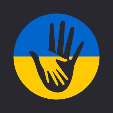 Hand in hand against the background of the Ukrainian flag, symbolizing help and support. Peace to Ukraine. Vector.