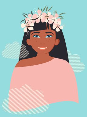 Young beautiful woman with long black hair and a flower wreath on her head. Women's mental health and positive attitude. Turquoise vertical women's banner. Vector.