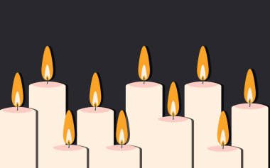 Pink candles burn on a black background. Illustration design for a horizontal poster with copy space for text. Vector.