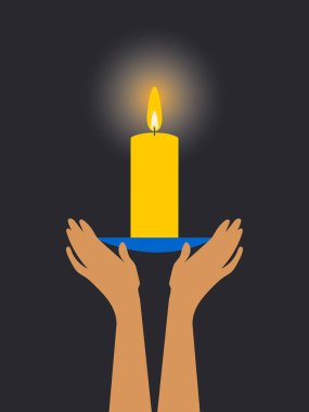 Ukraine without electricity and heat in 2022. A burning candle in the hands of the Ukrainian people on a black vertical background illuminates and warms their home. Vector.