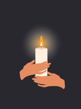 Ukraine without electricity and heat in 2022. A burning candle in the hands of the Ukrainian people on a black vertical background illuminates and warms their home. Vector.