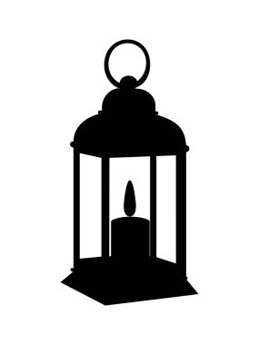Antique lamp with a lit candle in the form of a black silhouette isolated on a white background. Vector.