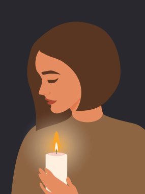 A burning candle in the hands of a woman on a black vertical background illuminates and warms their home. Ukraine without electricity and heat in 2022. Vector.