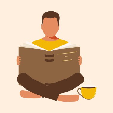 A nice guy student sits with an open book and reads barefoot in the library with a cup of tea. The concept of online education and useful cozy reading. Vector.
