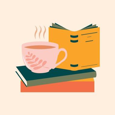 A cup of hot tea or coffee on a stack of paper books. Cozy useful reading at home or in the library. Self-education. Vector.
