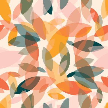 Autumn leaf fall on a light pink background. Seamless cute pattern with leaves or grains in different colors. Autumn colorful explosion. Vector.