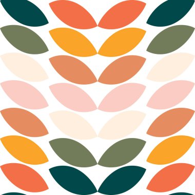 Leaves or grains of different colors on a white background. Seamless cute geometric pattern. Vector.