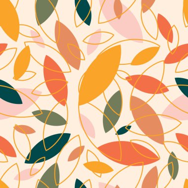 Autumn leaf fall on a light pink background. Seamless cute pattern with leaves or grains in different colors. Autumn colorful explosion. Vector.