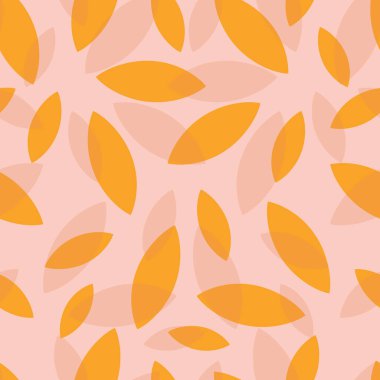Autumn leaf fall on a light pink background. Seamless cute pattern with leaves or grains in different colors. Autumn colorful explosion. Vector.