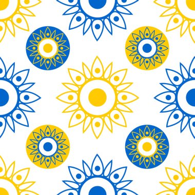 Geometric openwork flowers sunflowers blue and yellow on a white background. Seamless modern pattern. Vector.