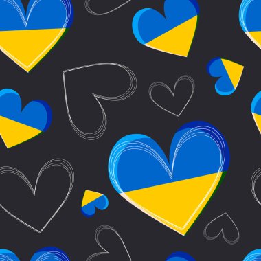 Lovely hearts. Seamless modern pattern. Symbol of love in the colors of the flag of Ukraine on a black background. Vector