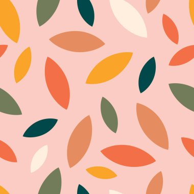 Autumn leaf fall on a pink background. Seamless cute pattern with different color leaves or grains. Vector.