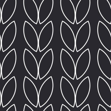 Grains of rice or wheat with a white outline create a spikelet on a black background. Seamless pattern with symmetrical petals. Vector.