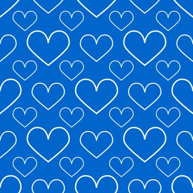 Hearts with a white outline on a blue background for textiles. Seamless cute pattern. Vector.