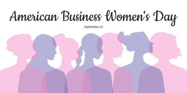 stock vector American Business Women's Day. September 22nd. Silhouettes of women in transparent purple color on a white horizontal banner. Vector.