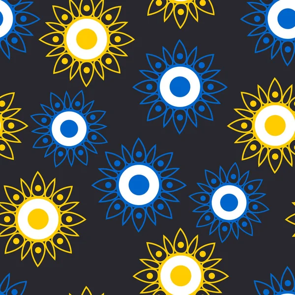Geometric openwork flowers sunflowers blue and yellow on a black background. Seamless modern pattern. Vector.