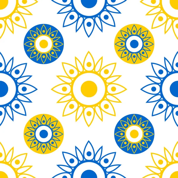 Geometric openwork flowers sunflowers blue and yellow on a white background. Seamless modern pattern. Vector.