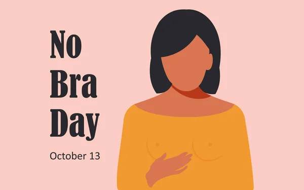 stock vector No Bra Day, October 13. Horizontal pink banner with one young woman in a yellow dress without a bra. Vector.