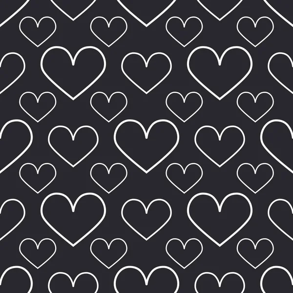 Hearts with a white outline on a black background for textiles. Seamless cute pattern. Vector.