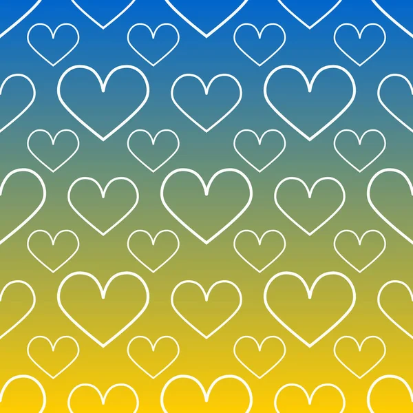 Hearts with a white outline on a gradient blue yellow background. Seamless cute pattern. Vector.