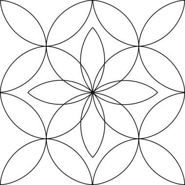 Geometric symmetrical seamless pattern with petals, flowers in black outline on a white background for coloring. Vector.