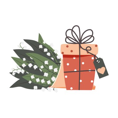 Lily of the valley bouquet and box with ribbon. Spring flowers and a gift on a white background. Vector.