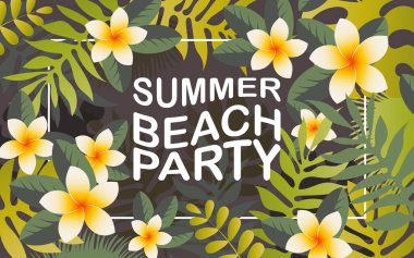 Summer beach party banner with tropical leaves and beautiful plumeria flowers. Vector.