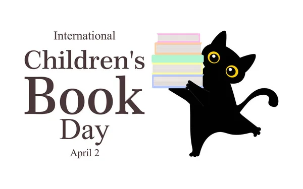 International Children's Book Day. 2 April. Black cute cat holds books in its paws. Vector.