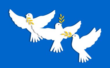 Dove of peace white with a branch against the blue sky. Horizontal poster World of Ukraine in paper art style. Vector