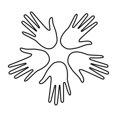 The hands of multiethnic people are arranged in a circle with a black outline on a white background. Coloring. Loving hands show support. Vector.