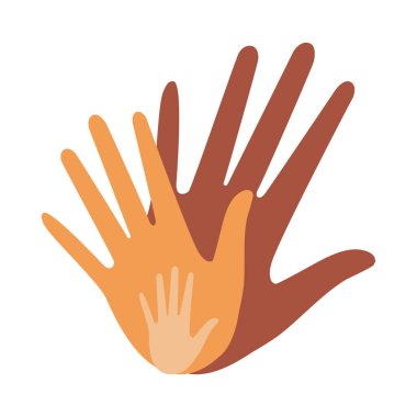 The hands of a family of parents and a child are located on a white background. Loving hands together. Vector.