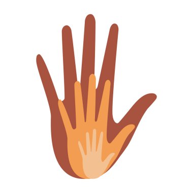 The hands of a family of parents and a child are located on a white background. Loving hands together. Vector.