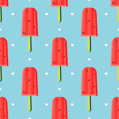 Eskimo on a stick with watermelon flavor. Seamless cute pattern. Summer vibes. Watermelon red ice cream on a blue background. Vector.