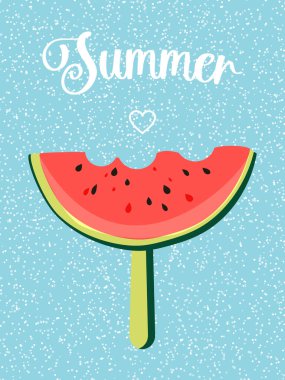 Watermelon flavored ice cream. Summer vibes. Popsicle on a stick on a blue background. Vector.
