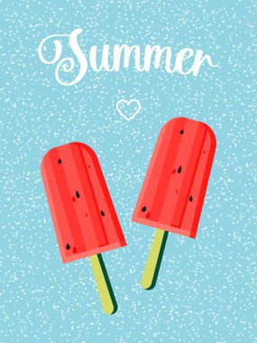 Watermelon flavored ice cream. Summer vibes. Popsicle on a stick on a blue background. Vector.