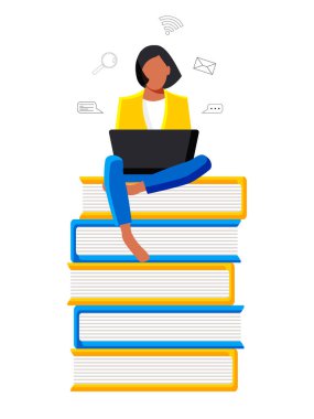 A cute purposeful female student is sitting with a laptop among books and textbooks. Online education concept in blue and yellow colors flat style on white background. Vector.