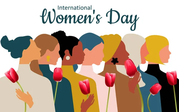 International Women\'s Day. Happy beautiful women holding a red tulip in their hands on a white horizontal background. Cute postcard for the spring holiday.