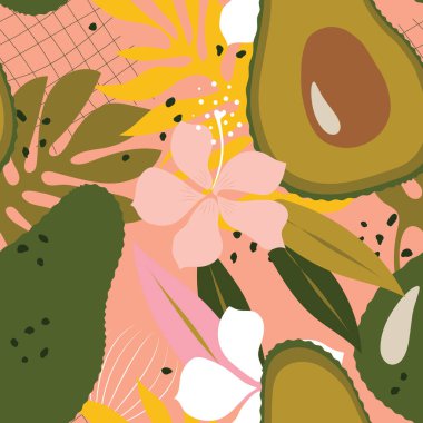Tropical leaves, avocado and exotic flowers form a colorful botanical seamless pattern with green background for modern textile. 