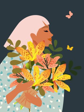 Pretty woman with blond hair holds a bouquet of spring flowers with a leopard color. Vertical card for International Women's Day March 8, Mother's Day.