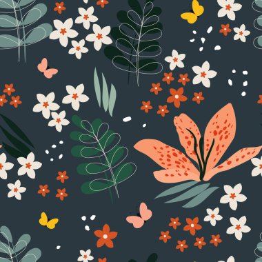 Beautiful decorative flowers and leaves on a dark green background. Seamless botanical pattern with butterflies for fashion fabrics.