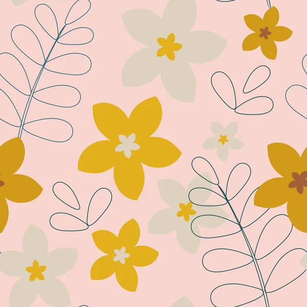 Simple Decorative Yellow White Flowers Leaves Pink Background Seamless Botanical — Stockfoto