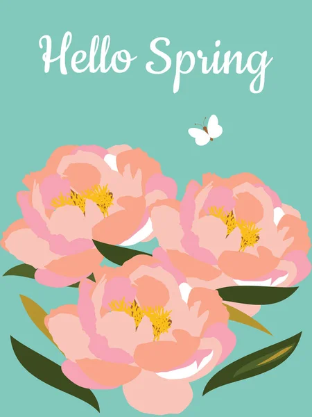 Hello Spring. Bouquet of spring flowers of delicate pink peonies on a light blue vertical background. Festive March postcard.