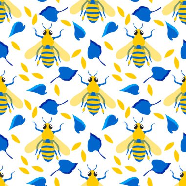 Honey bees. Seamless pattern with cute insects and blue leaves, yellow petals for modern textiles, decorative fabrics. Vector.