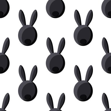 Black rabbit with long ears on a white background. Seamless cute pattern with animals for decorative fabrics. Vector.
