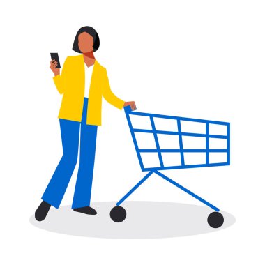 Elinde cep telefonu olan modern, takım elbiseli genç bir kadın tramvayı olan ve beyaz bir arka planda izole edilmiş bir mağazadan alışveriş yapıyor. Büyüme çağında şık bir iş kadını. Vektör.