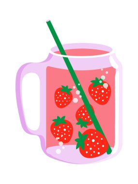 Strawberry cocktail in a glass mug. Summer vibes. A cute modern transparent glass with berries and a chilled drink. Vector