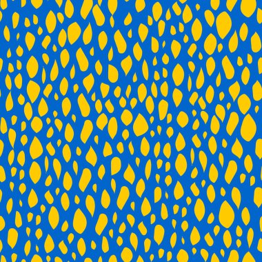 Shapeless modern yellow drops on a blue background. Seamless trendy pattern for fabrics. Vector.